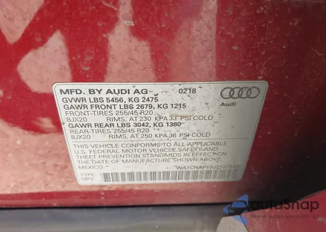 2018 Audi Q5 2.0T Premium/2.0T Tech Premium z USA, uszkodzony, nr VIN WA1CNAFY3J2137242